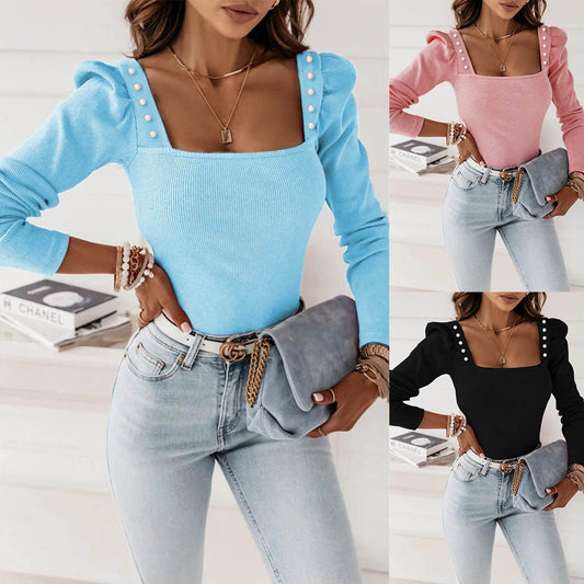 Women's Solid Color Beading Long Sleeve Sunken Stripe Top