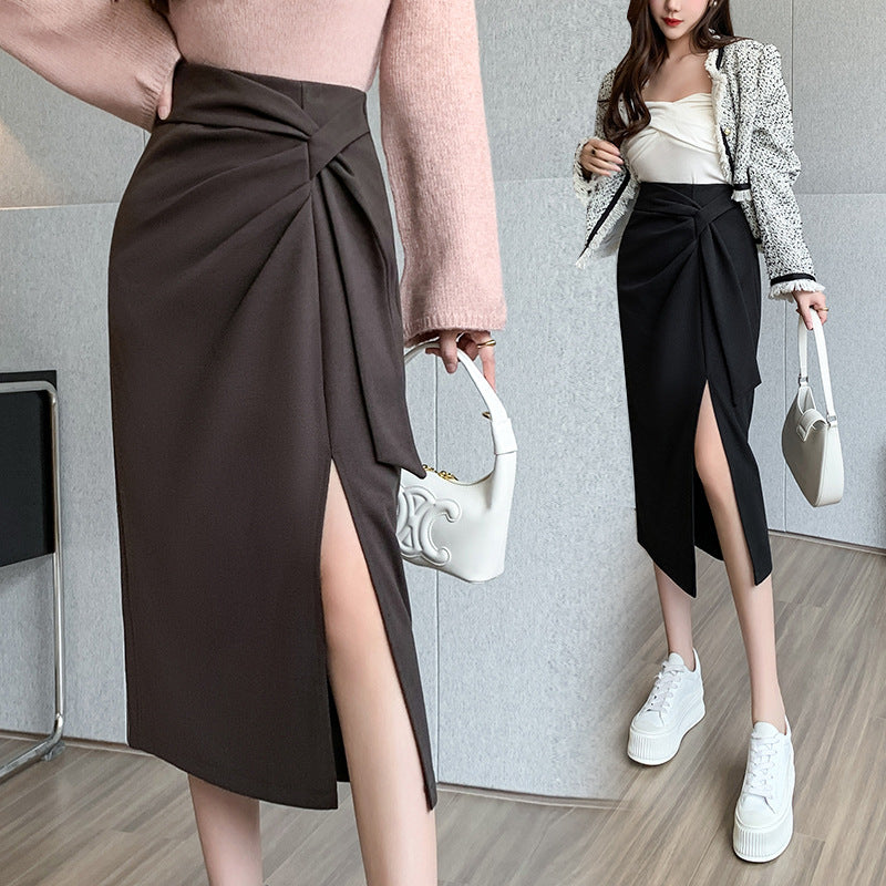 Autumn And Winter New Woolen Lace-up Sexy Slit Skirt