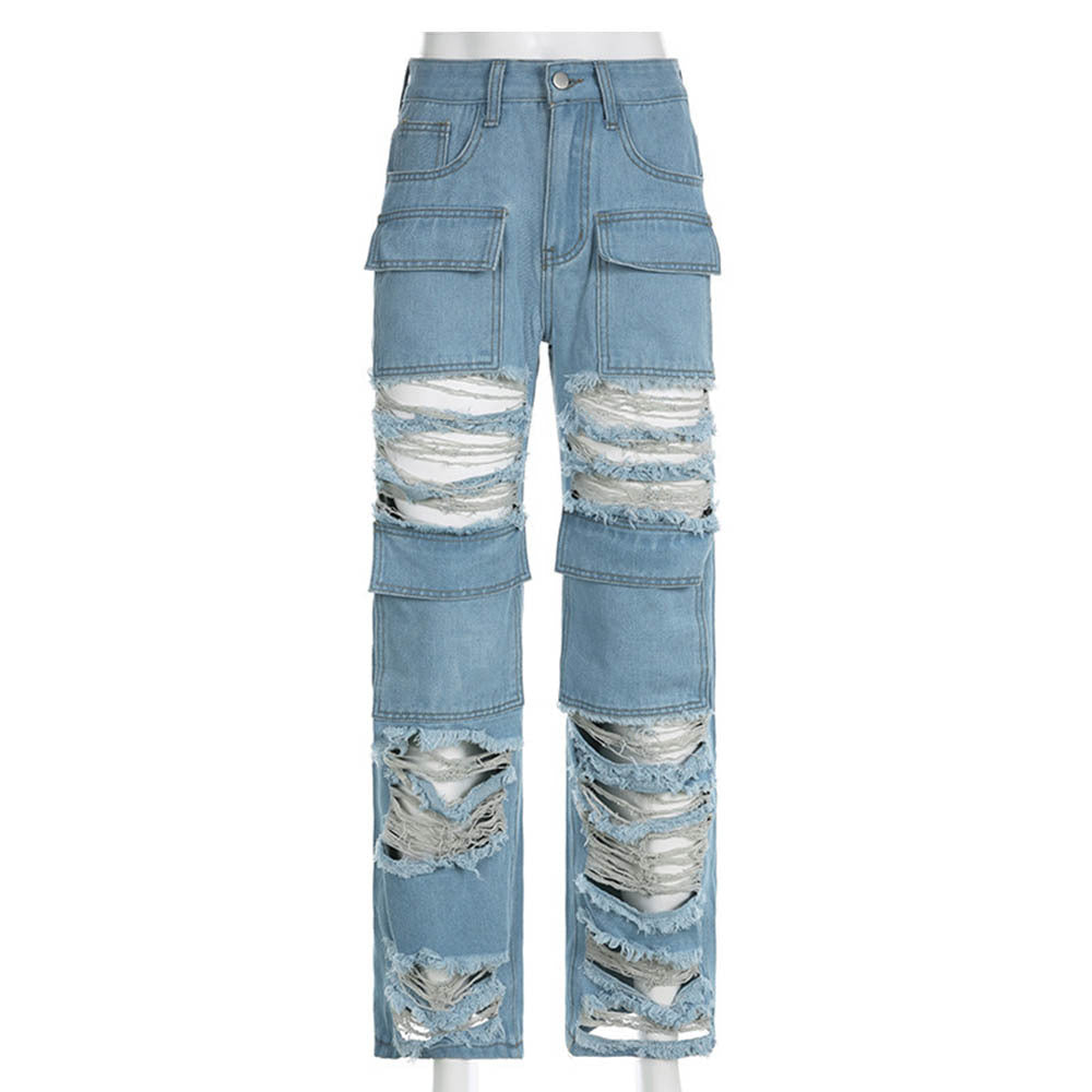 Beggar Wind Hole Raw Hem Jeans Female