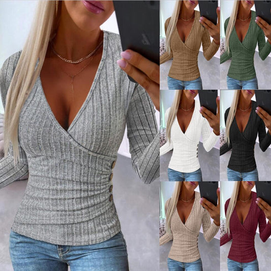 New Sunken Stripe Button Knitted Pullover V-neck Slim-fit Long-sleeved T-shirt For Women