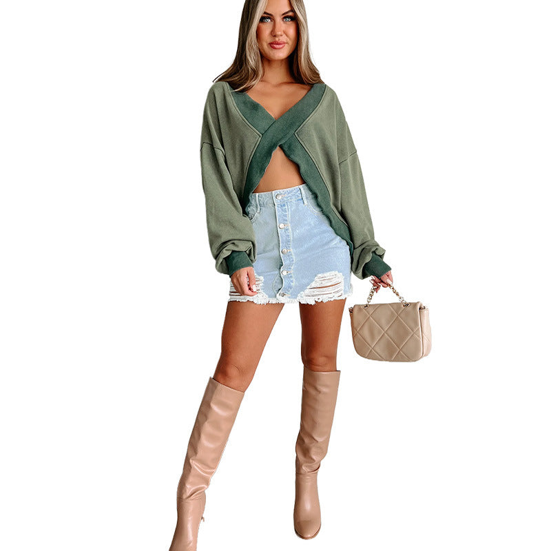 European And American V-neck Long Sleeve Loose And Figure Flattering Women's Clothing Sweater Winter