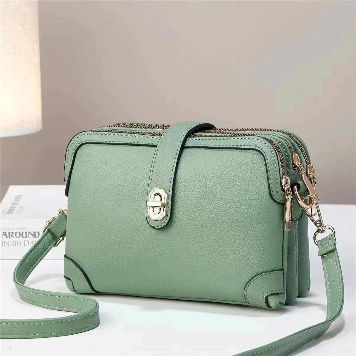 Multi-layer Lychee Pattern Simple Texture Soft Leather Western Style Multi-functional Shoulder Crossbody Small Square Bag