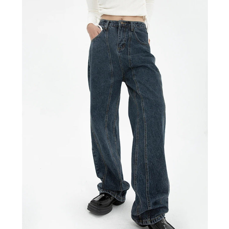 Straight Jeans American Retro High Street Double Pressure Line Design Sense