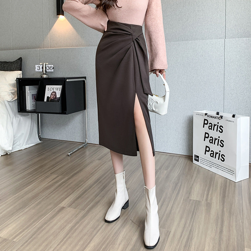 Autumn And Winter New Woolen Lace-up Sexy Slit Skirt